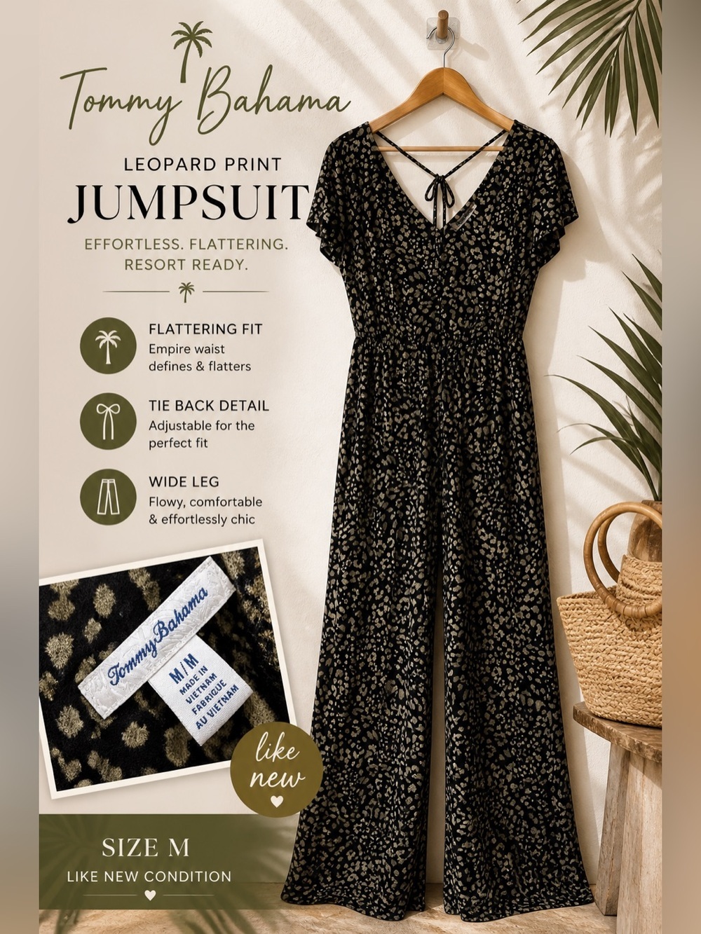 Tommy Bahama Leopard Print Wide Leg Jumpsuit Tie Back Short Sleeve Size M LNC